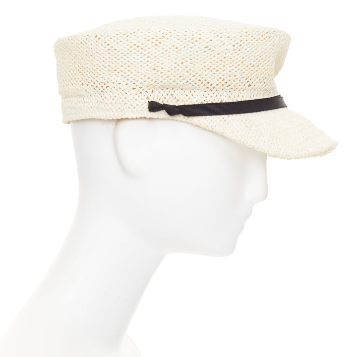 MAISON MICHEL Abbey Sailor light beige raffia MM logo black ribbon cap M