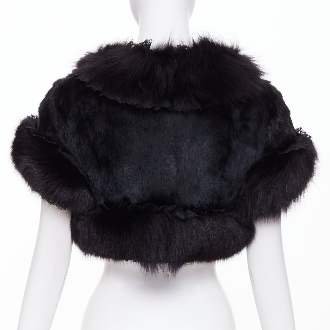 ADAM JONES 2004 black lace trim fox rabbit fur cropped open front bolero FR40 L
