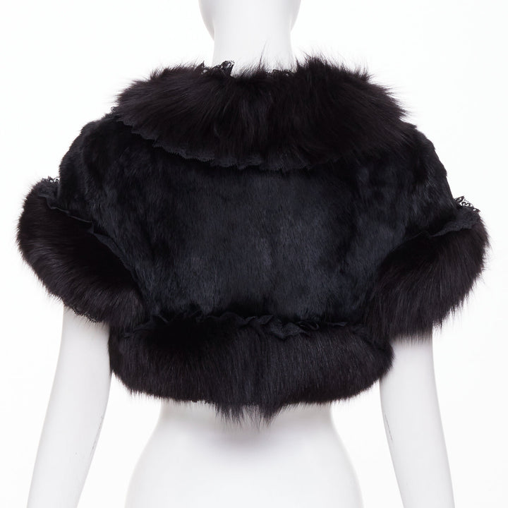 ADAM JONES 2004 black lace trim fox rabbit fur cropped open front bolero FR40 L