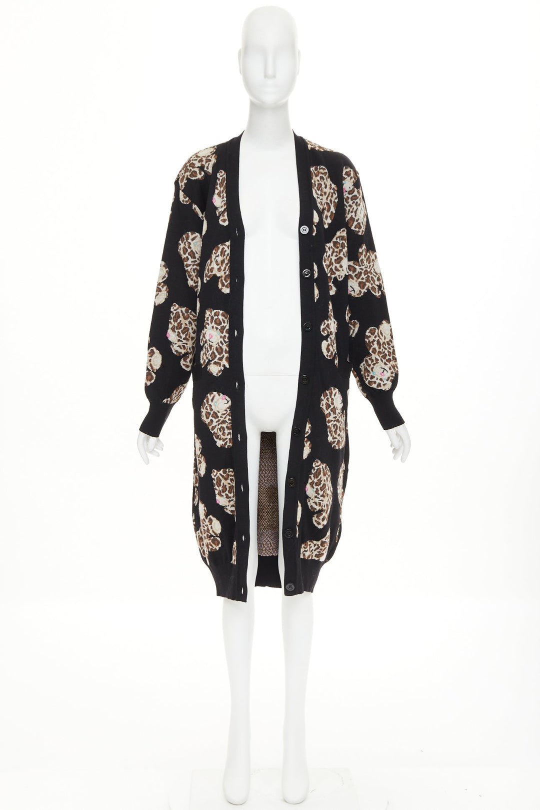 MOSCHINO Leopard Teddy black brown virgin wool knit long cardigan IT38 XS