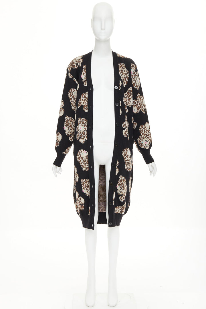 MOSCHINO Leopard Teddy black brown virgin wool knit long cardigan IT38 XS