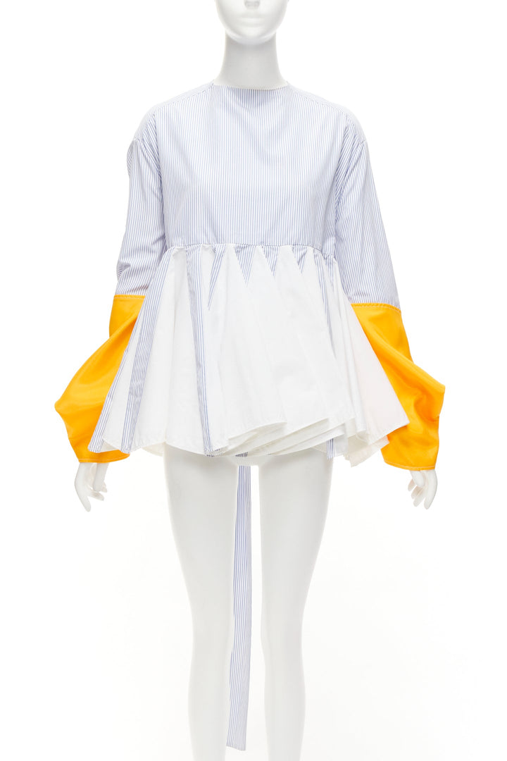 MARINE SERRE yellow blue white pinstriped puff sleeve peplum top M