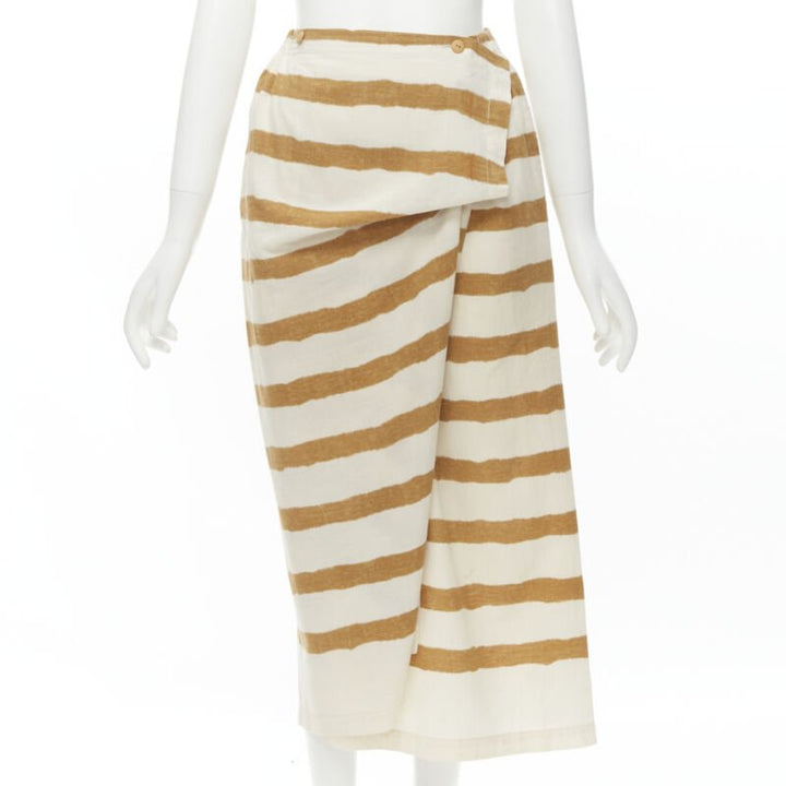 ISSEY MIYAKE 1980's Vintage beige yellow tribal stripe boxy top skirt set