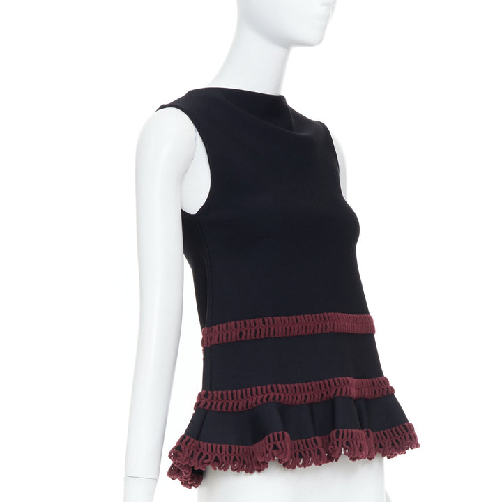 ALAIA burgundy openwork crochet tiered ruffle viscose blend peplum top FR36 S