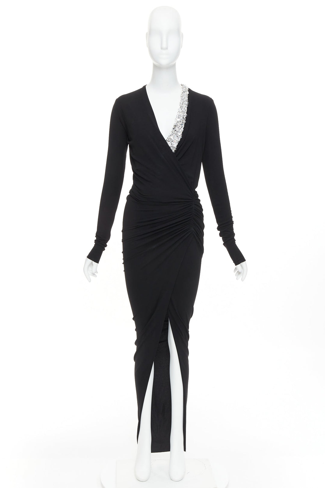ALEXANDRE VAUTHIER black silver rhinestone jewel crystal plunge wrap dress