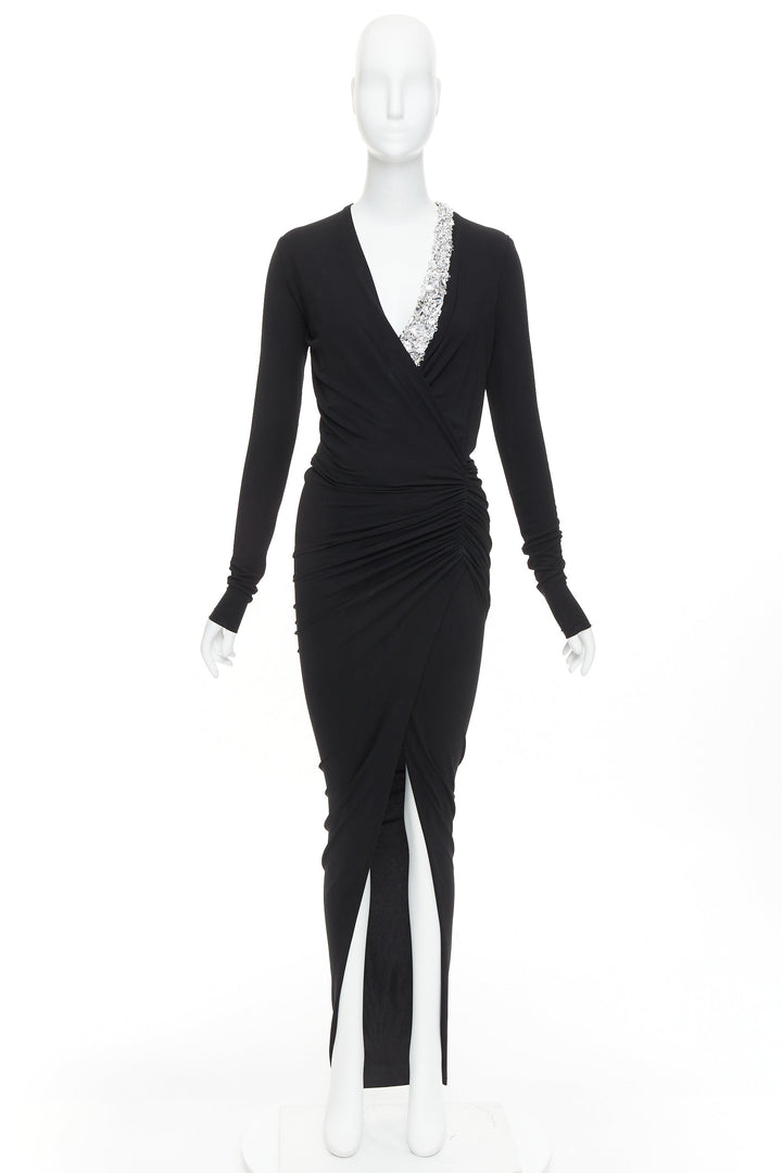 ALEXANDRE VAUTHIER black silver rhinestone jewel crystal plunge wrap dress
