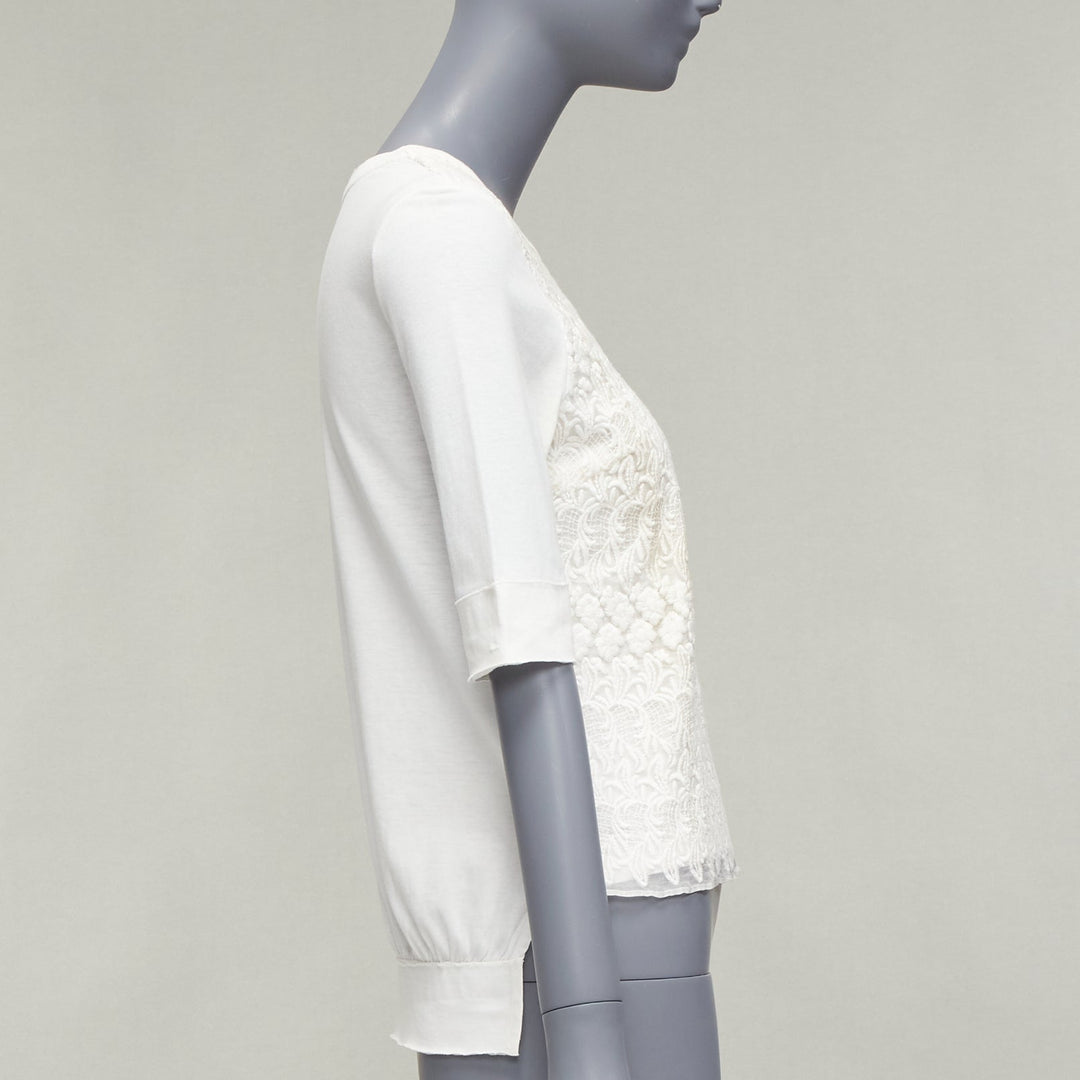 GIAMBATTISTA VALLI white cotton blend lace overlay front tshirt IT38 XS