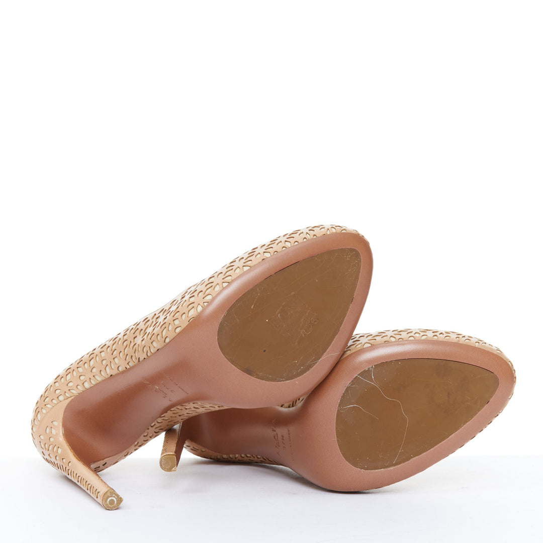 ALAIA nude Vienne laser cut leather almond toe stiletto classic pumps EU37.5