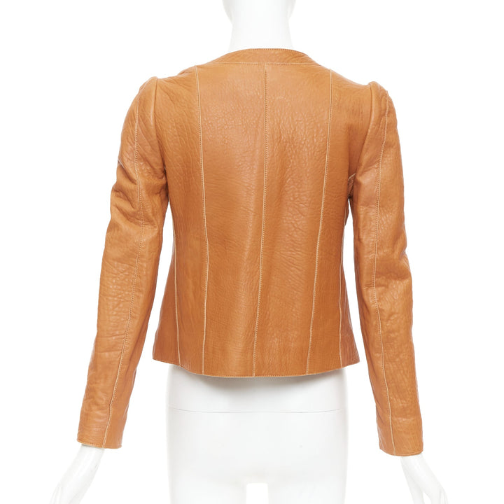 CARVEN 2011 tan brown pebble textured leather square neck crop jacket FR38 M