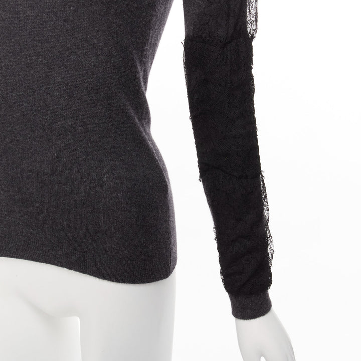 VALENTINO grey black lace virgin wool cashmere crew neck sweater XS