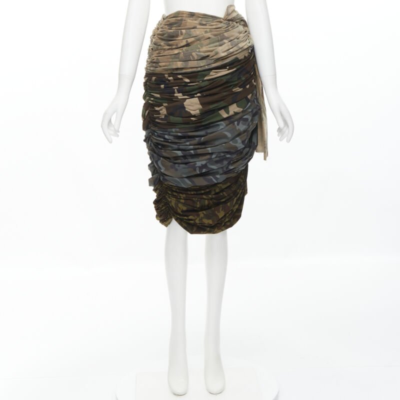 COMME DES GARCONS 2005 Runway mixed cotton nylon blue green camo ruched skirt XS