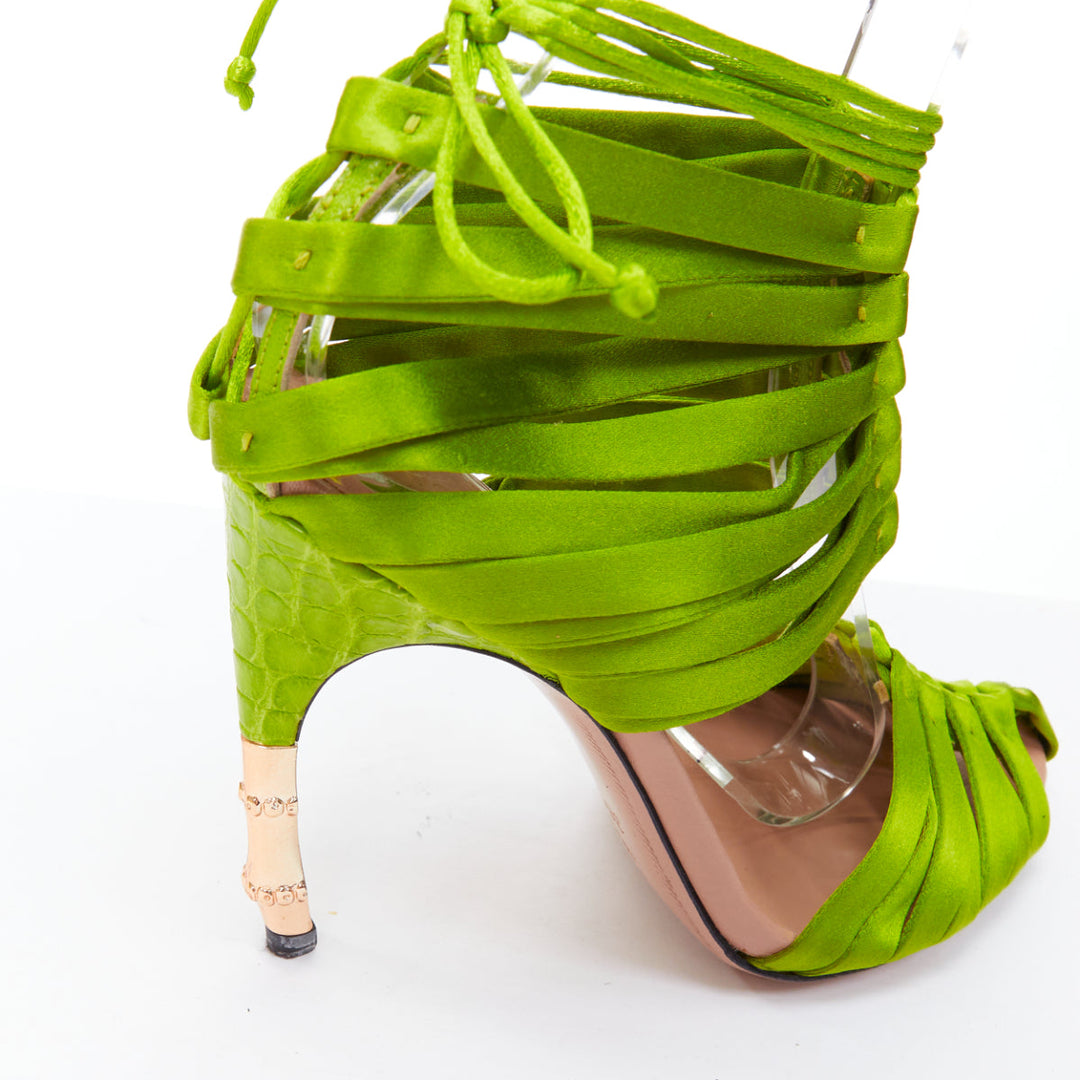 GUCCI Tom Ford 2004 Runway green satin corset gold bamboo sandal EU36C