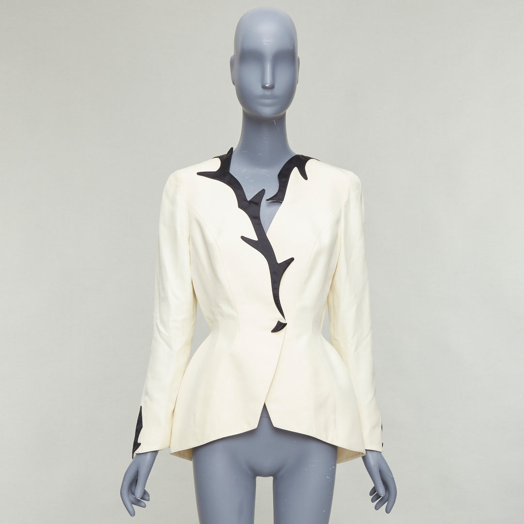 THIERRY MUGLER 1998 Vintage off white cotton border collar peplum blazer FR40 L