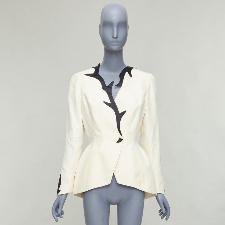 THIERRY MUGLER 1998 Vintage off white cotton border collar peplum blazer FR40 L