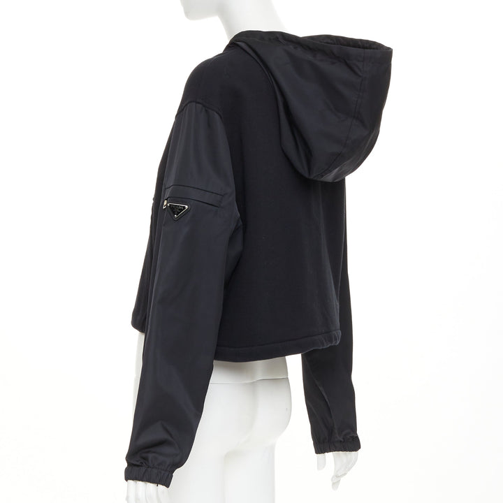 PRADA 2021 black Re-Nylon sleeve triangle logo cotton cropped hoodie M
