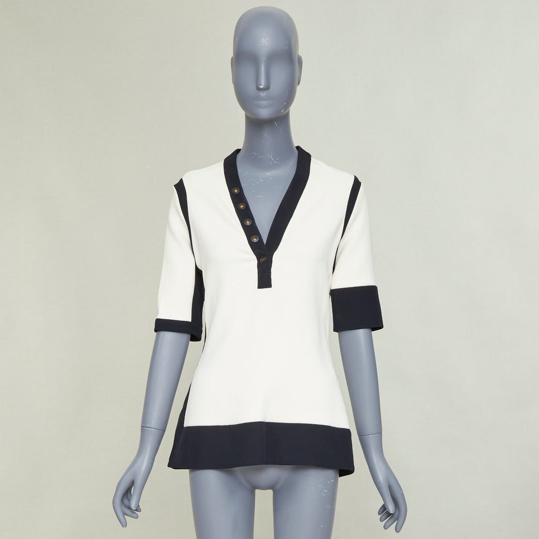 BALENCIAGA 2015 cream black rayon blend colorblock V neck button top FR38 M