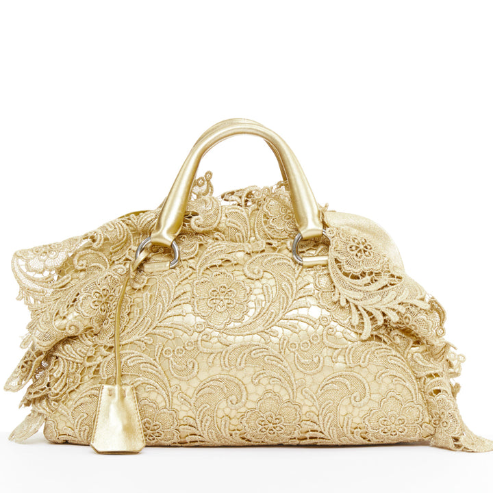PRADA 2008 Runway Gold Oro Lace Pizzo gold macrame lace bar handle Bowler bag