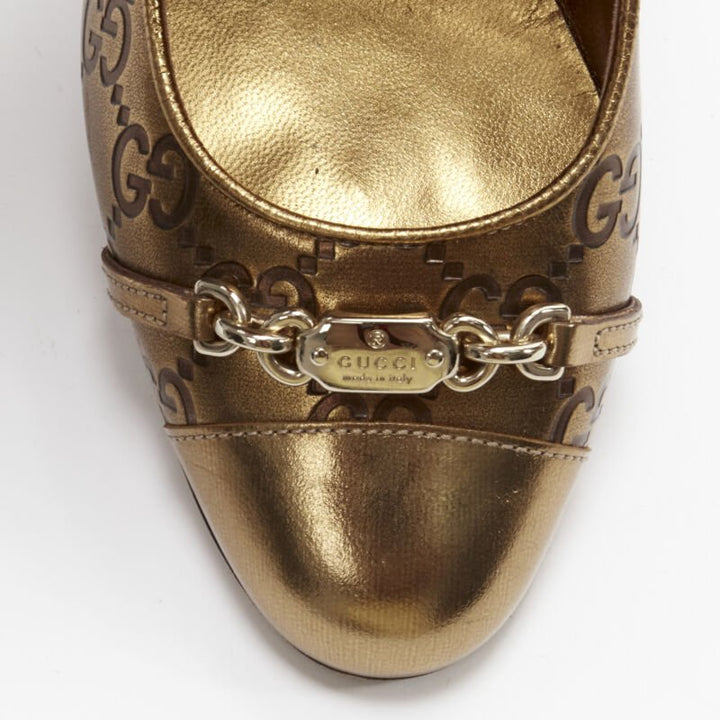 GUCCI Vintage metallic gold GG monogram gold chain charm mid heel pump EU36 C