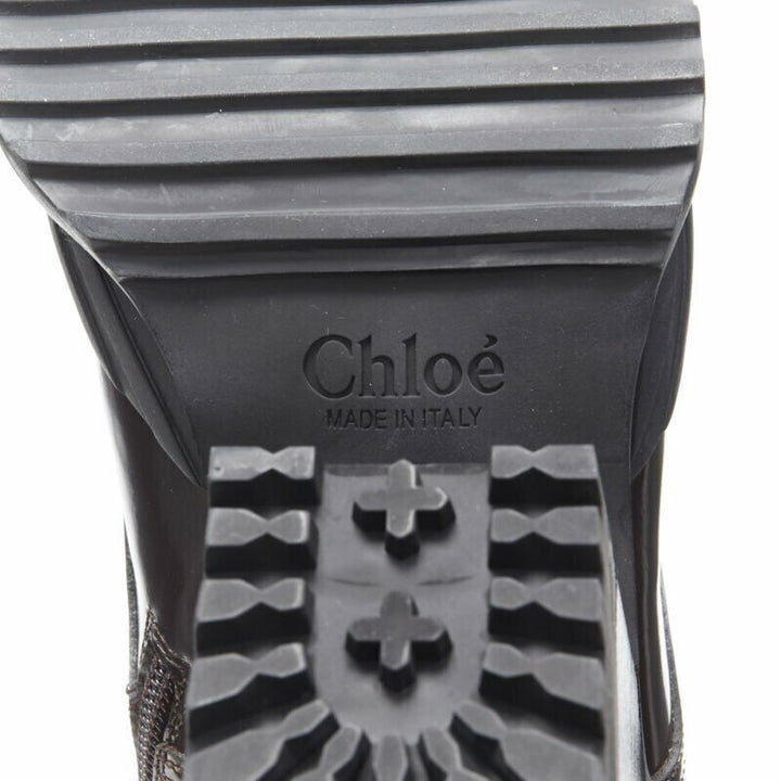 CHLOE Runway Rylee brown glossy leather block heel heel rubber boot EU37.5