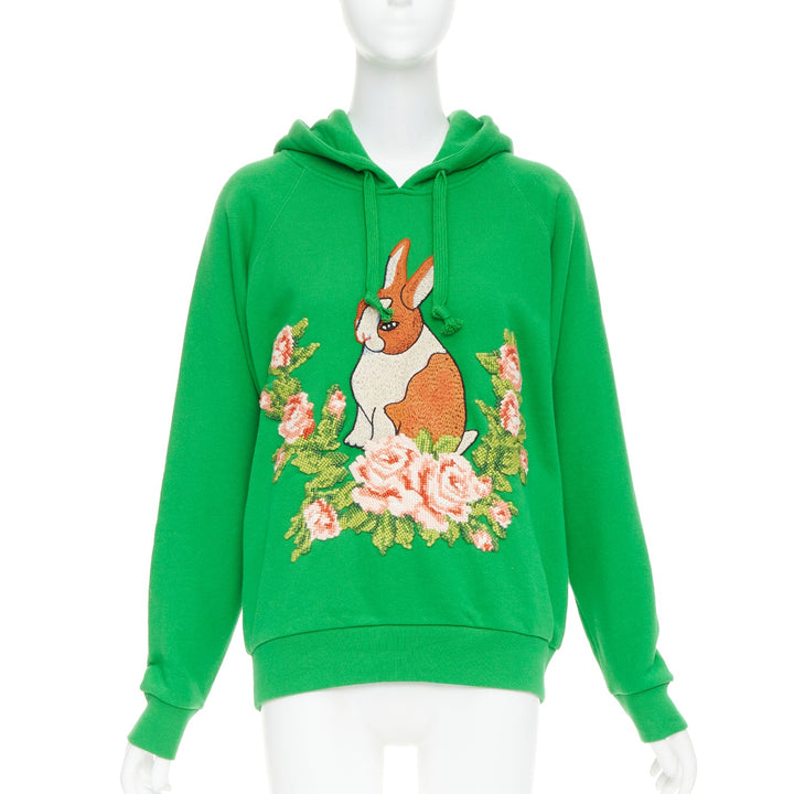 GUCCI Michele green cotton jersey embroidered Bunny flower  hoodie XS