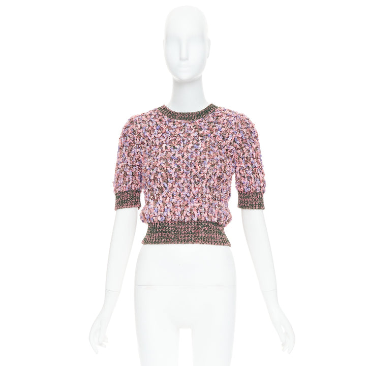 CHANEL 2015 pink green textured boucle knit CC resin crop sweater FR34 XS