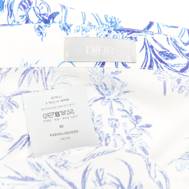 DIOR HOMME 2020 Toile De Jouy 100% silk white blue long sleeve shirt EU38 S