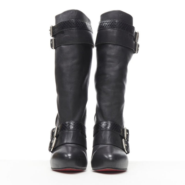 CHRISTIAN LOUBOUTIN Loubi Bike black scaled leather buckle platform boot EU37