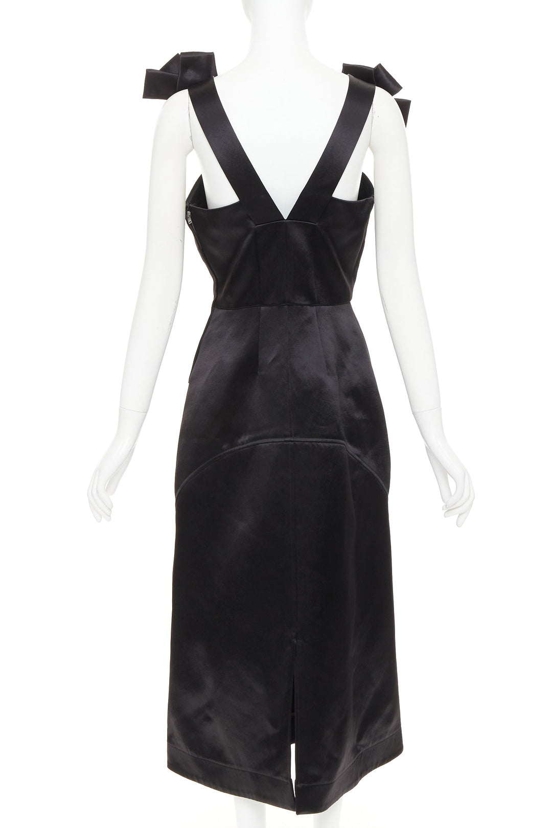 JIL SANDER black shiny satin bow detail V-neck sleeveless midi dress FR38 M