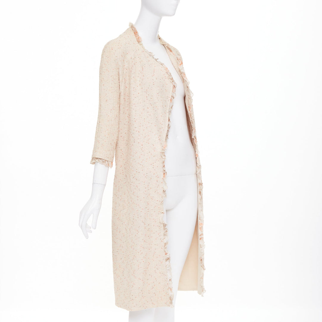 ST JOHN COUTURE cream pink flecked boucle knit ruffle trim duster coat US14 3XL