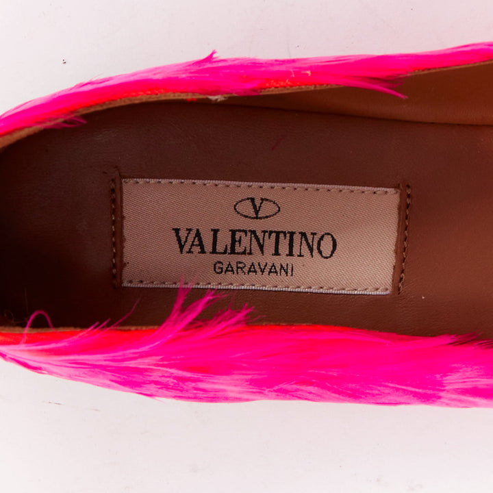 VALENTINO hot fuchsia pink turkey feather leather ankle strap flats EU37