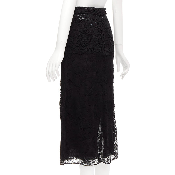 PRADA 2019 Runway 100% silk black mixed lace panelled midi skirt IT38 XS