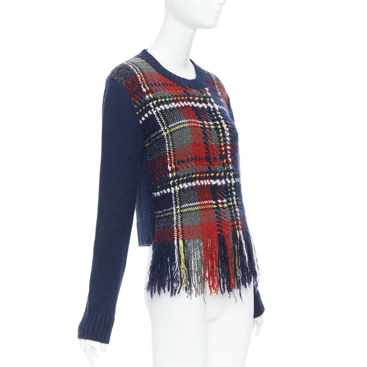 DIOR navy red plaid tartan cashmere silk fringe hem sweater FR36 S