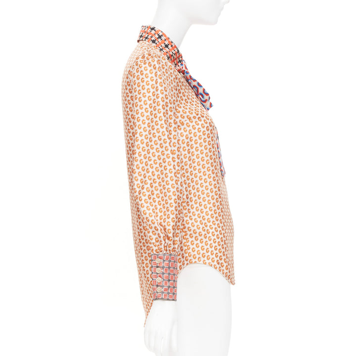 GUCCI Romain GG mixed print geometric pussy bow silk twill shirt blouse IT36 XXS