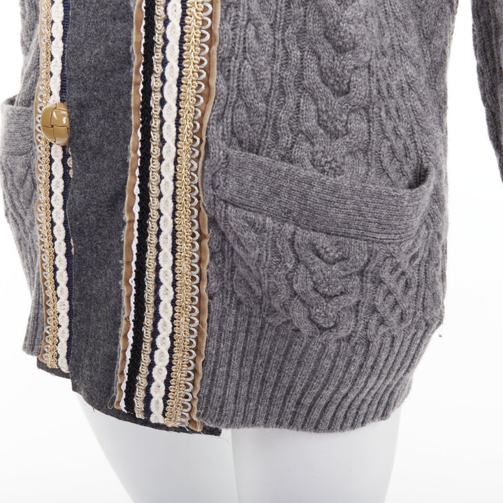 SACAI 2017 grey wool metallic military baroque trim cable knit cardigan JP1 S