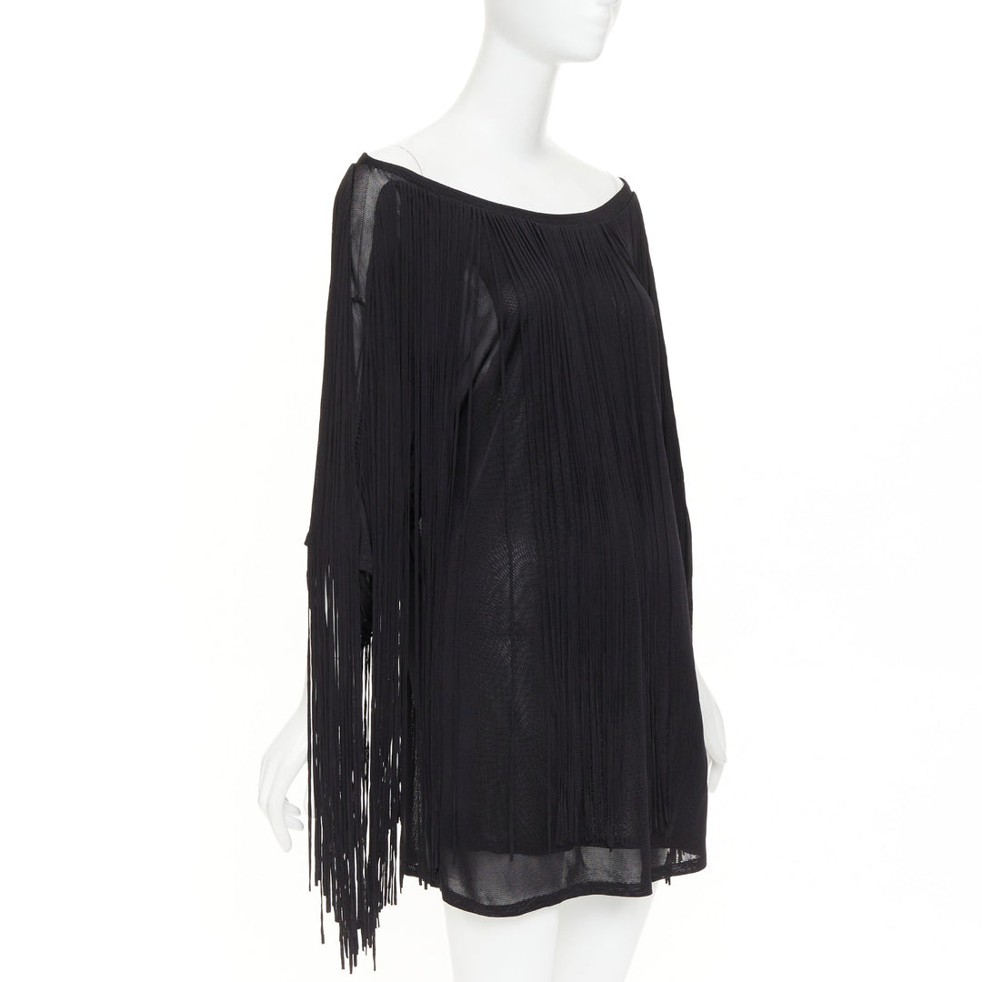 3.1 PHILLIP LIM black rayon long fringe bateau neck sheer overlay mini dress M