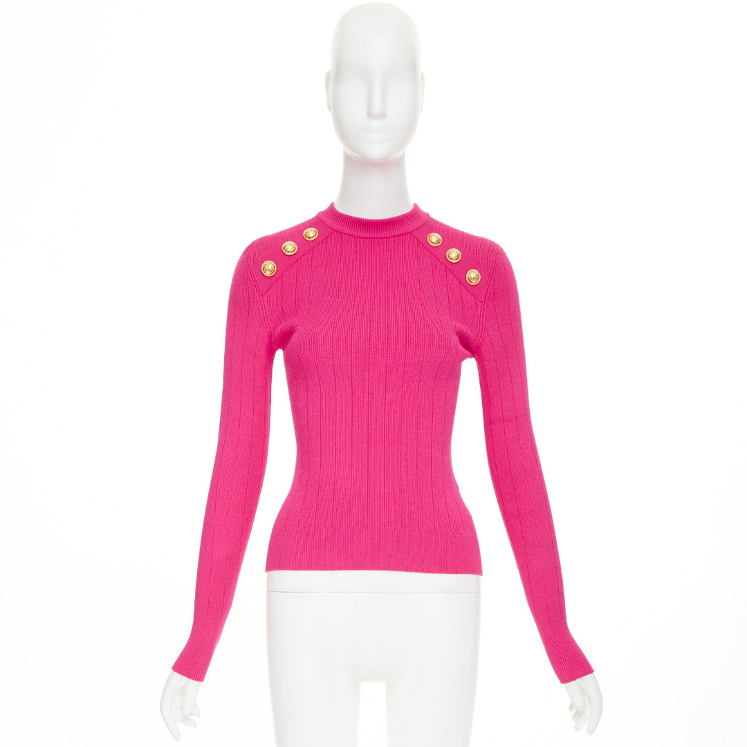 BALMAIN 2022 hot fuschia pink viscose gold buttons ribbed crew sweater FR36 S