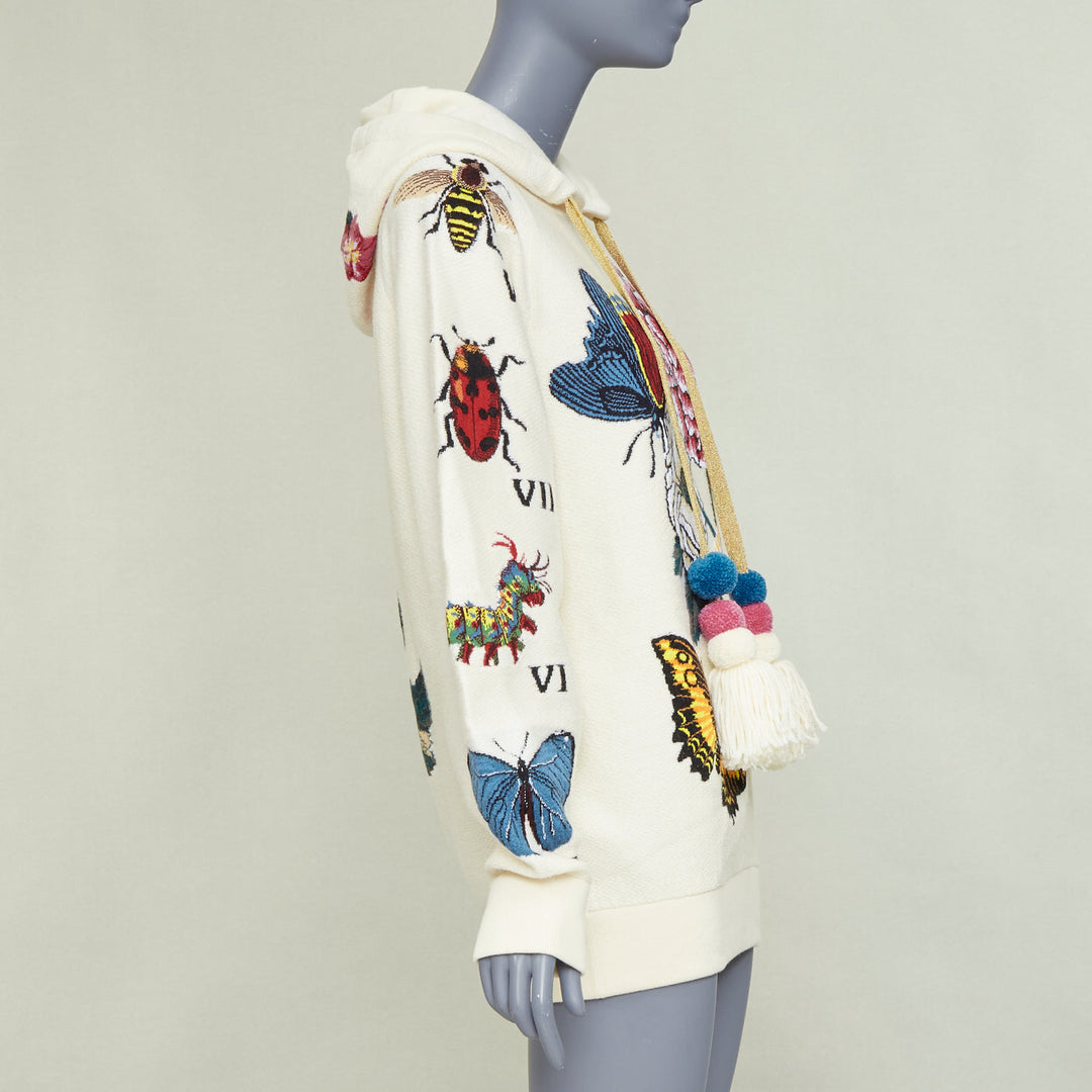 GUCCI 2017 Runway ivory wool cotton pom pom embroidered insect floral hoodie XXS