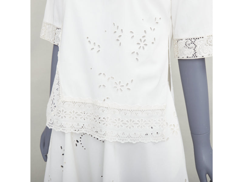 STELLA MCCARTNEY 2015 cream cotton eyelets lace trim half sleeve dress IT38 XS