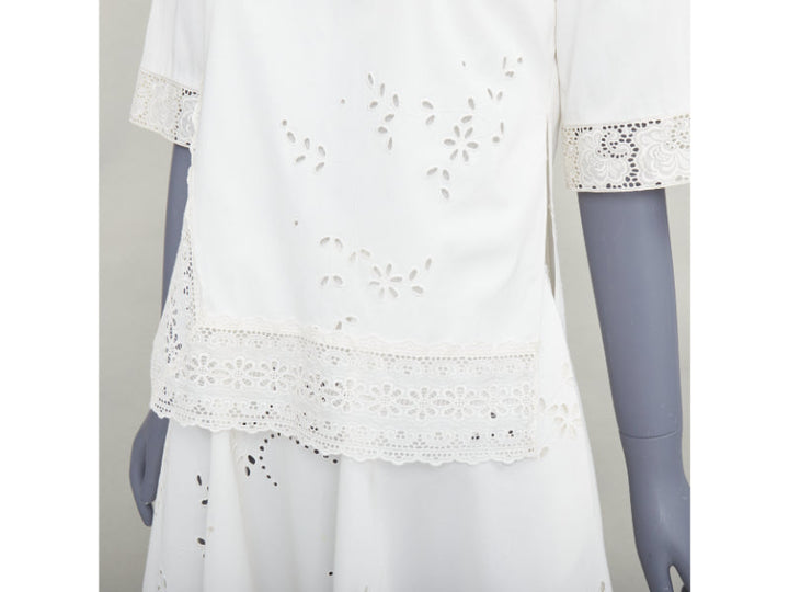 STELLA MCCARTNEY 2015 cream cotton eyelets lace trim half sleeve dress IT38 XS