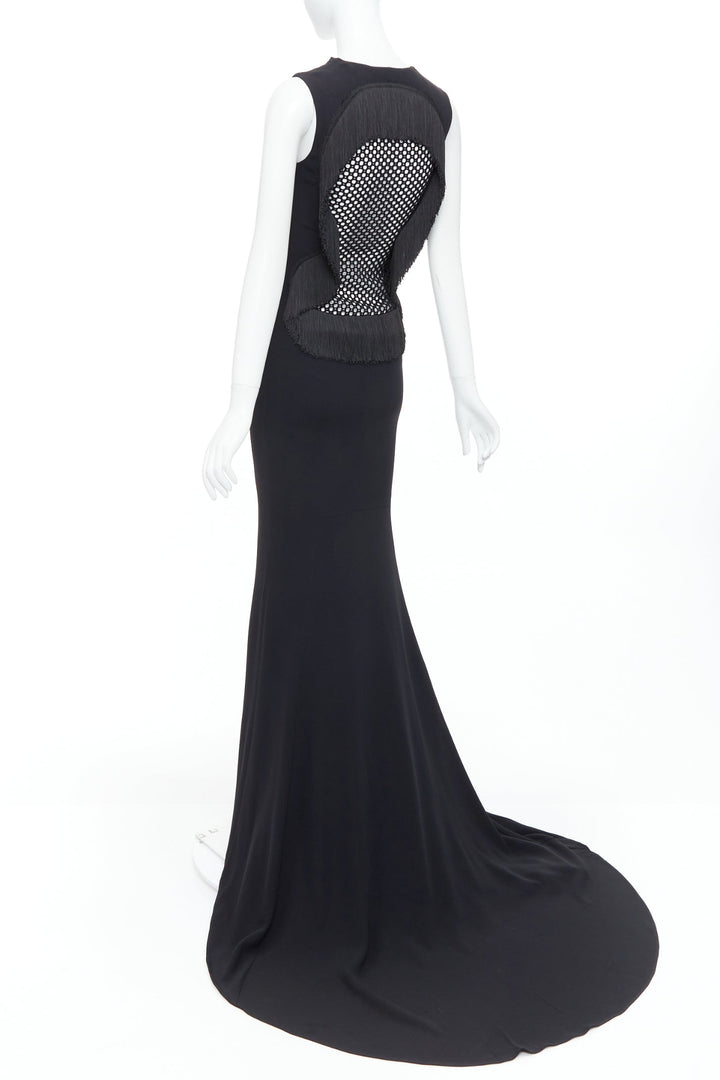 STELLA MCCARTNEY 2014 black fringe mesh back fitted long train gown IT36 XXS