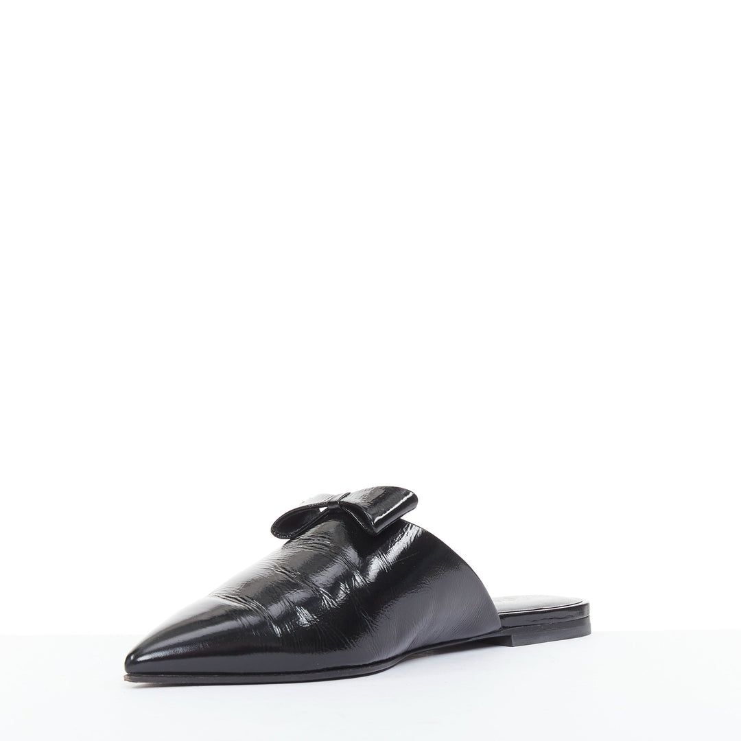 CHANEL 25P black patent leather silver CC logo bow pointy mule slippers EU37.5