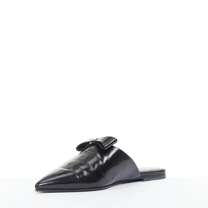 CHANEL 25P black patent leather silver CC logo bow pointy mule slippers EU37.5