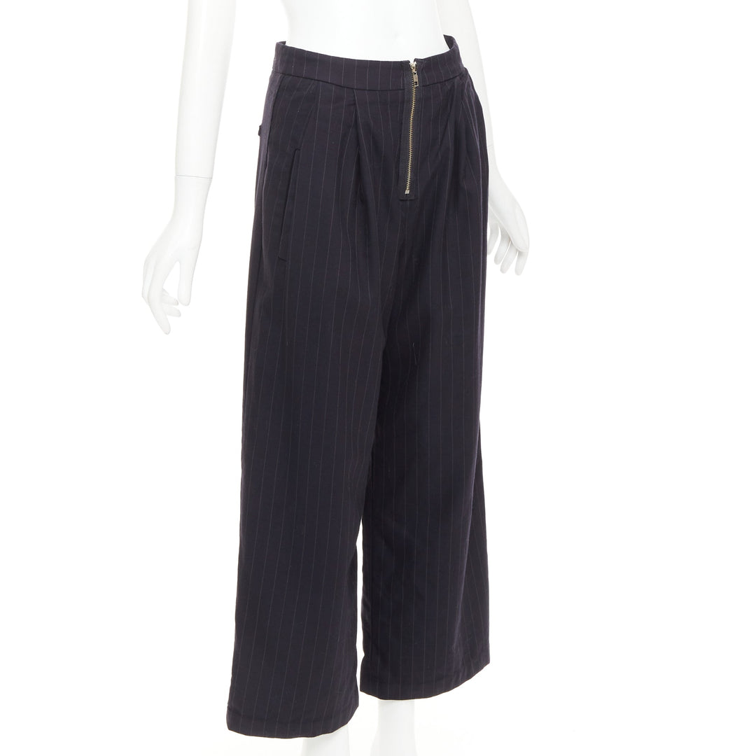 REFORMATION navy pinstripe surplus fabric silver zip fly wide pants US0 XS