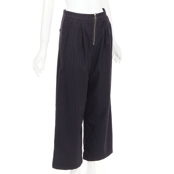 REFORMATION navy pinstripe surplus fabric silver zip fly wide pants US0 XS