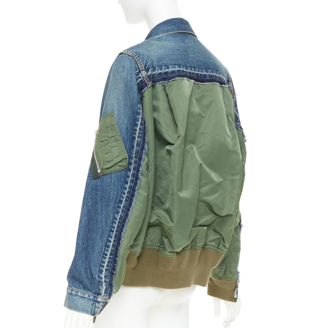 SACAI 2021 blue denim green nylon twill reconstructed hybrid MA-1 jacket JP2 M