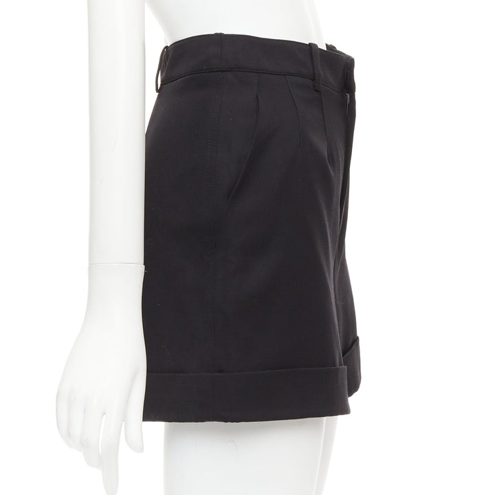 SAINT LAURENT 2019 black virgin wool cuffed high waisted shorts FR36 XS