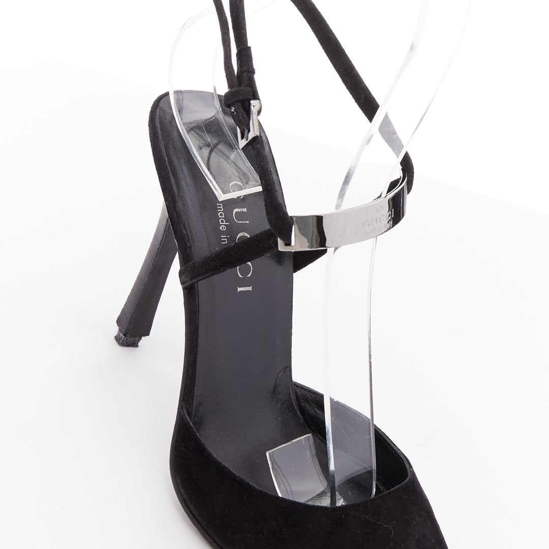 GUCCI Tom Ford Vintage black suede metal ID plate slingback pump EU36