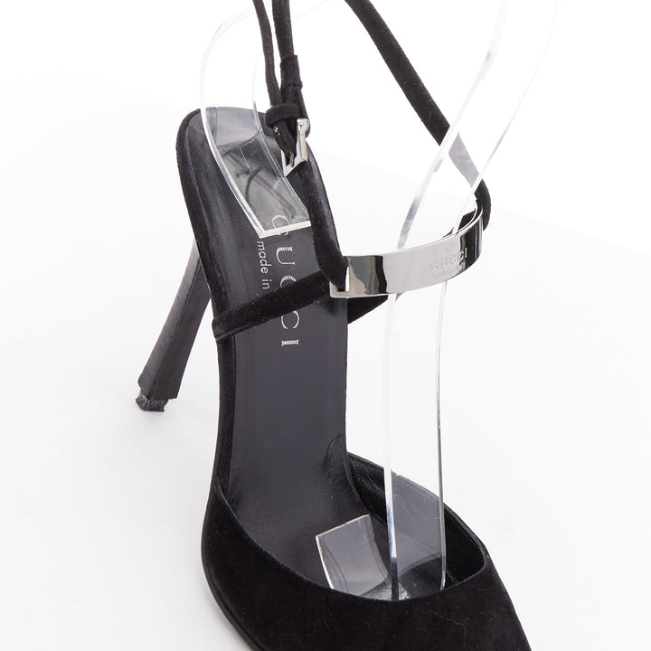 GUCCI Tom Ford Vintage black suede metal ID plate slingback pump EU36