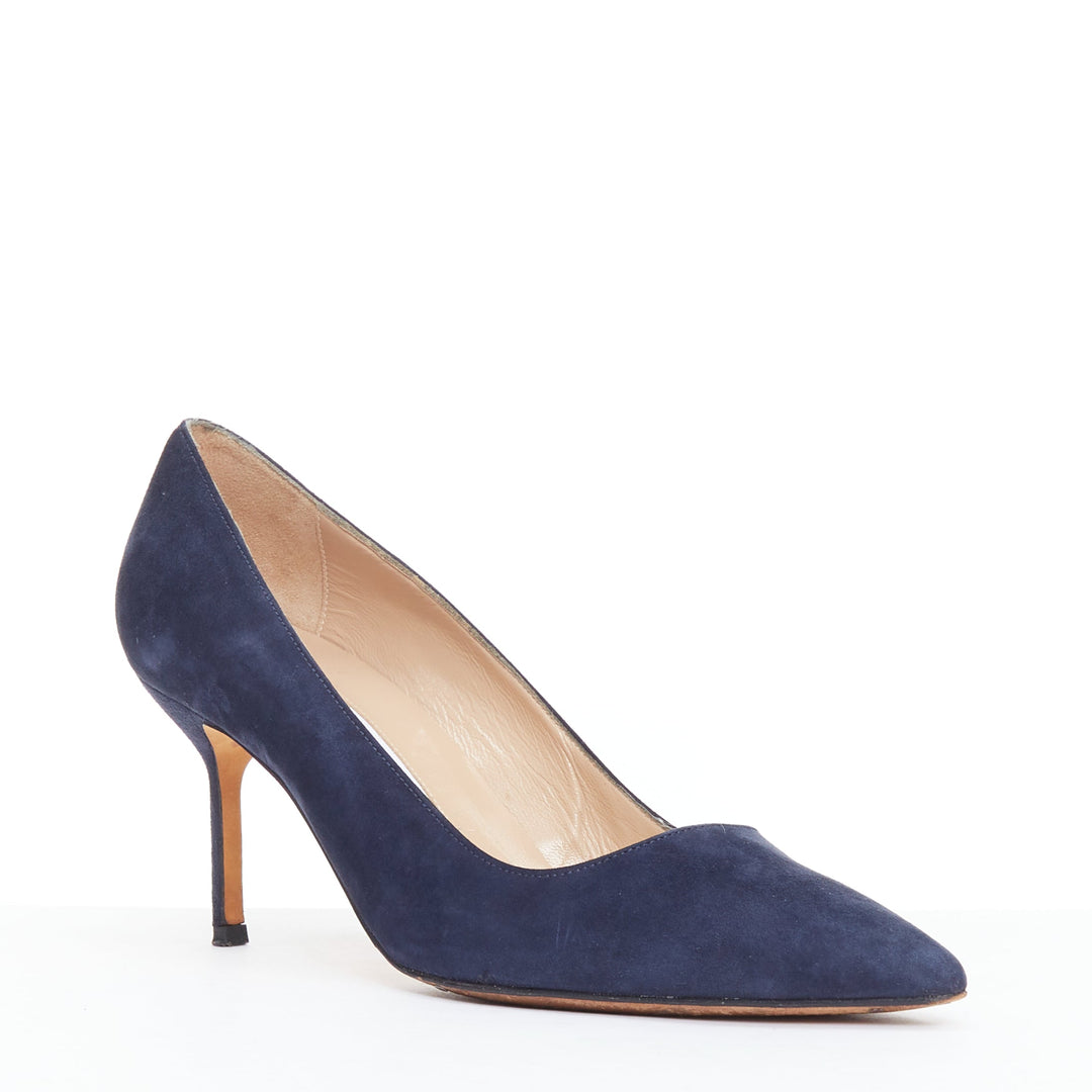 MANOLO BLAHNIK BB 70 navy suede leather point toe pumps EU36.5