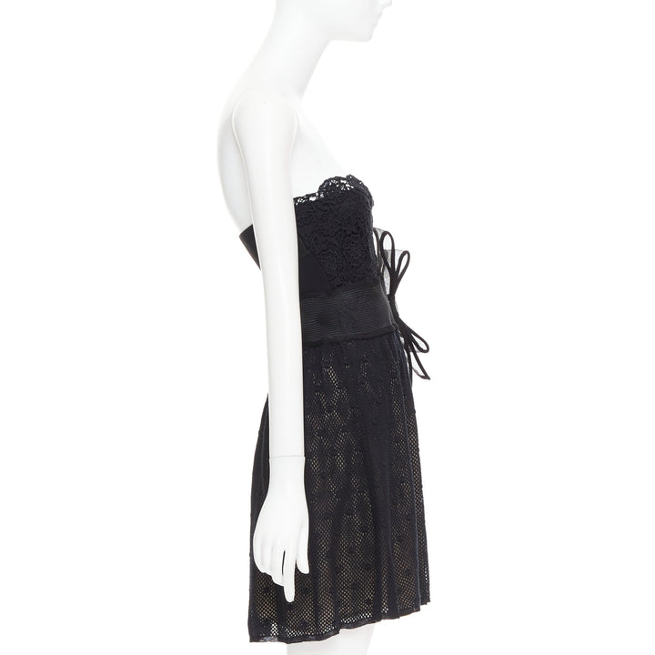 RED VALENTINO black multi lace stiff bow embellished strapless dress